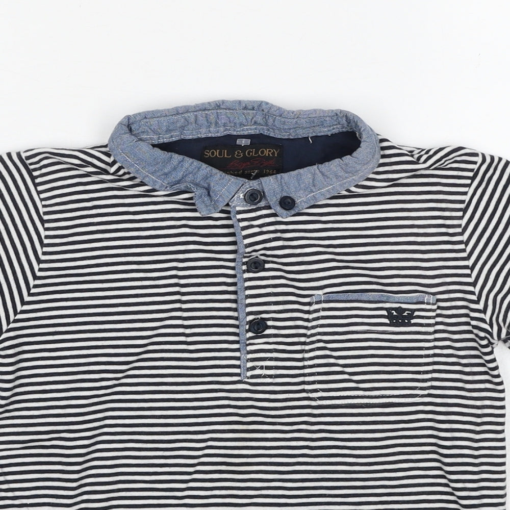 Soul & Glory Boys Black Striped Cotton Basic Polo Size 7-8 Years Collared Pullover
