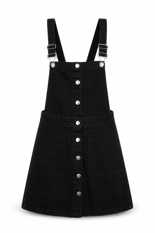 H&M Womens Black Cotton Pinafore/Dungaree Dress Size 6 Square Neck Button