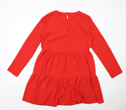 Back view of ASOS women’s red polyester a-line, size UK 12, round neck button
