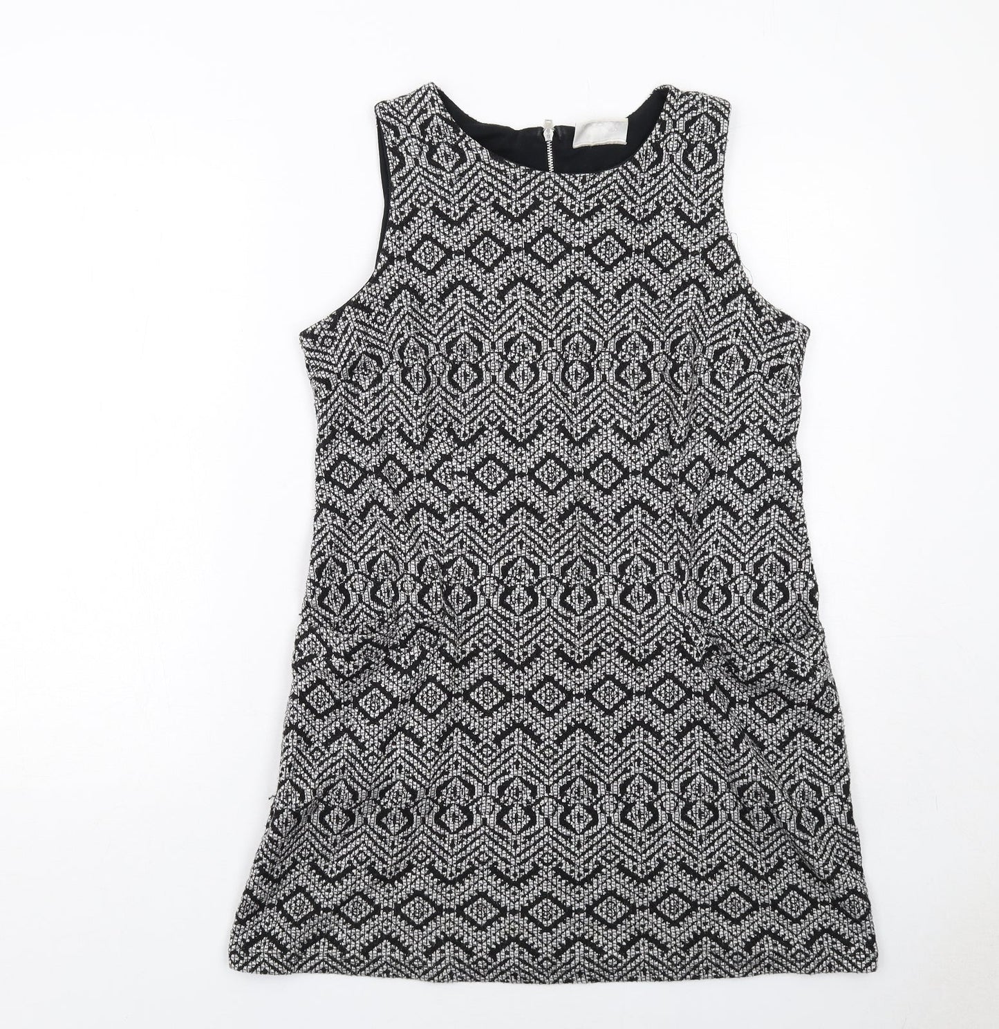 Wallis Womens Black Geometric Polyester Shift Size 12 Round Neck Zip