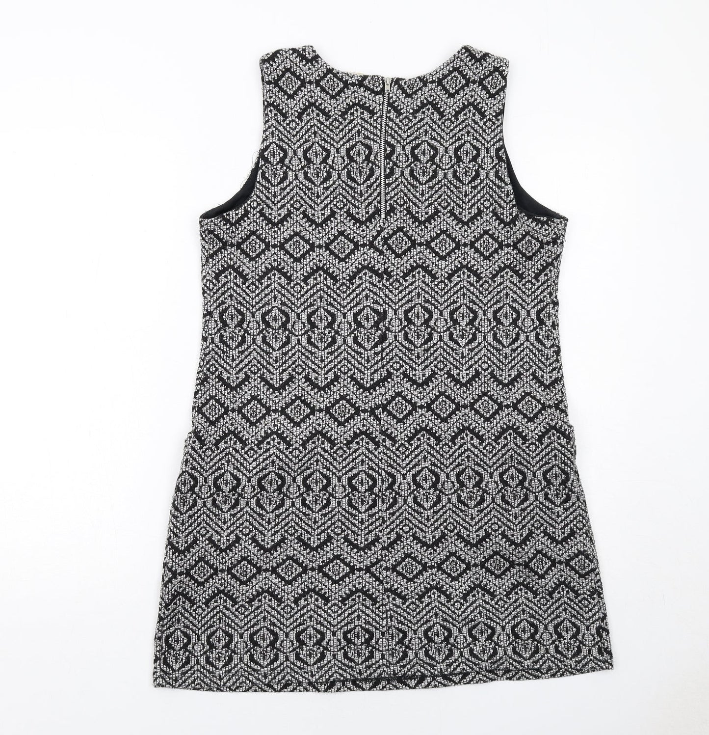 Wallis Womens Black Geometric Polyester Shift Size 12 Round Neck Zip