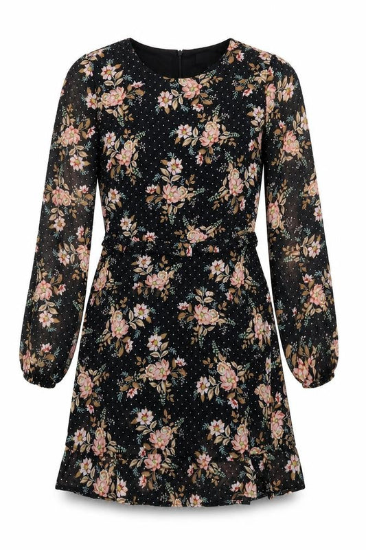 Dorothy Perkins Womens Black Floral Polyester Skater Dress Size 10 Round Neck Zip
