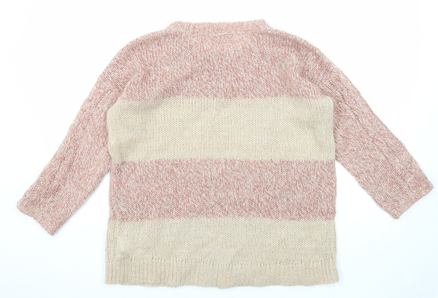 Marks and Spencer Womens Beige Round Neck Striped Acrylic Pullover Jumper Size 12