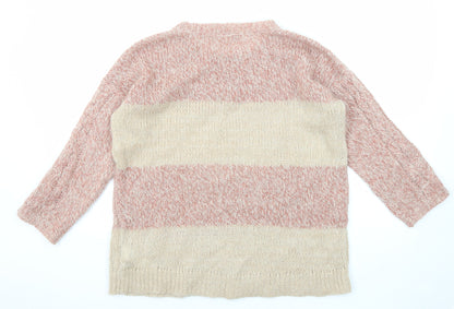 Marks & Spencer Womens Beige Round Neck Striped Acrylic Pullover Jumper Size 12