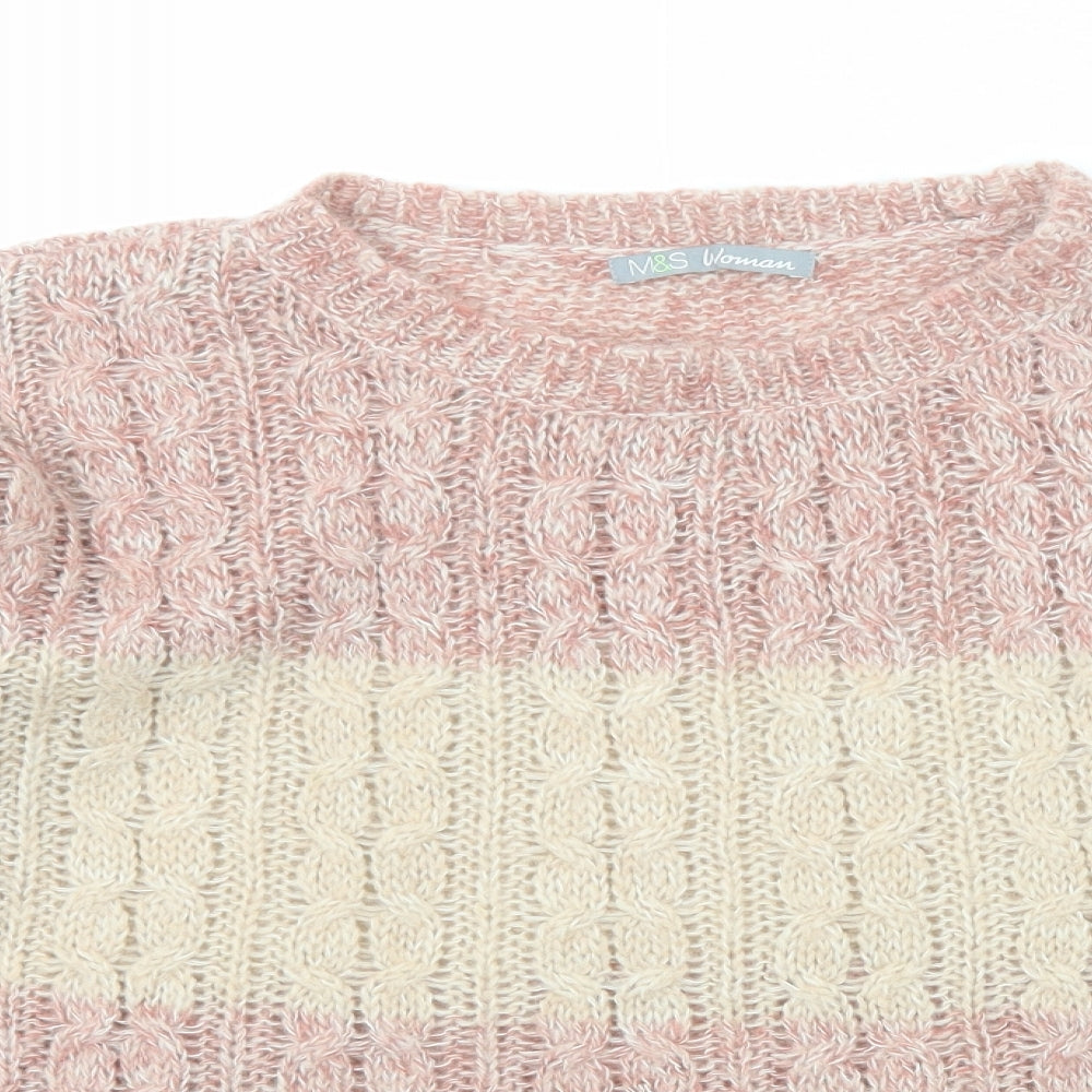 Marks and Spencer Womens Beige Round Neck Striped Acrylic Pullover Jumper Size 12