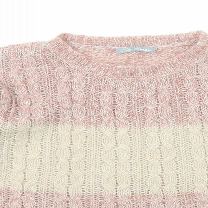 Marks & Spencer Womens Beige Round Neck Striped Acrylic Pullover Jumper Size 12