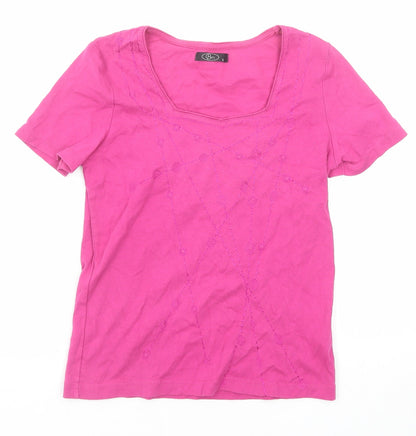 Bonmarché Womens Pink Geometric Cotton Basic Blouse Size S Round Neck