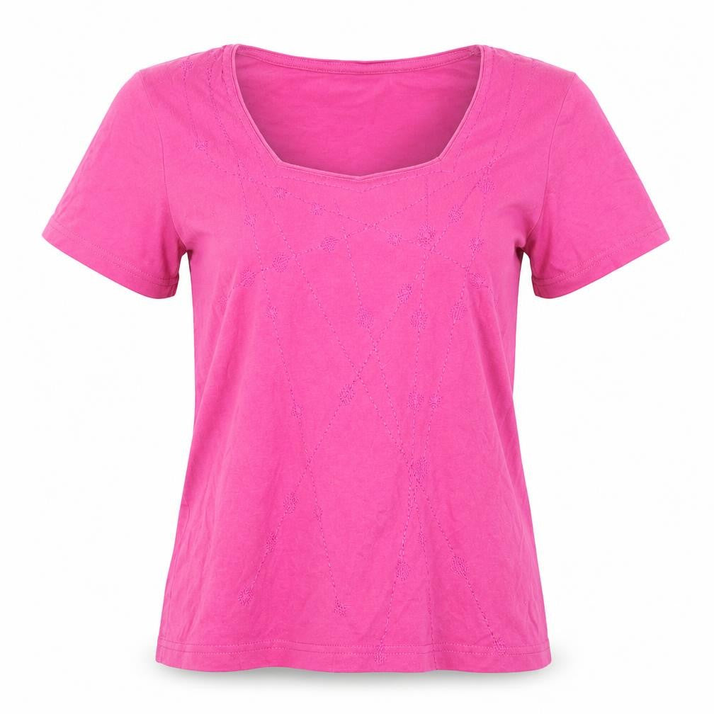 Bonmarché Womens Pink Geometric Cotton Basic Blouse Size S Round Neck