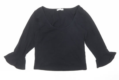 Zara Womens Black Polyester Basic Blouse Size S Scoop Neck - Ruffle Sleeve