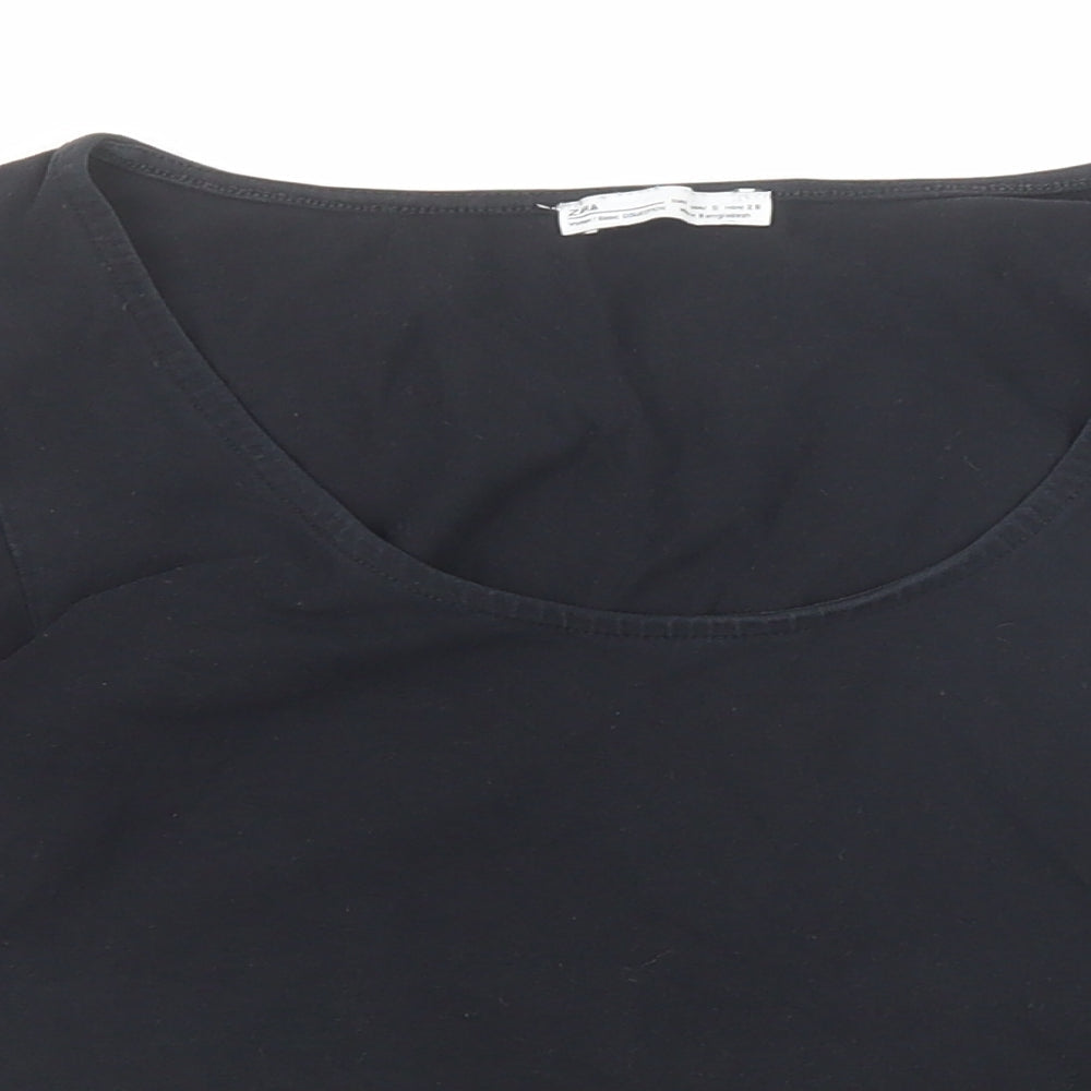 Zara Womens Black Polyester Basic Blouse Size S Scoop Neck - Ruffle Sleeve