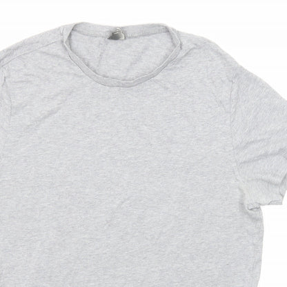 Close-up detail of ASOS women’s grey cotton basic t-shirt, size L, crew neck