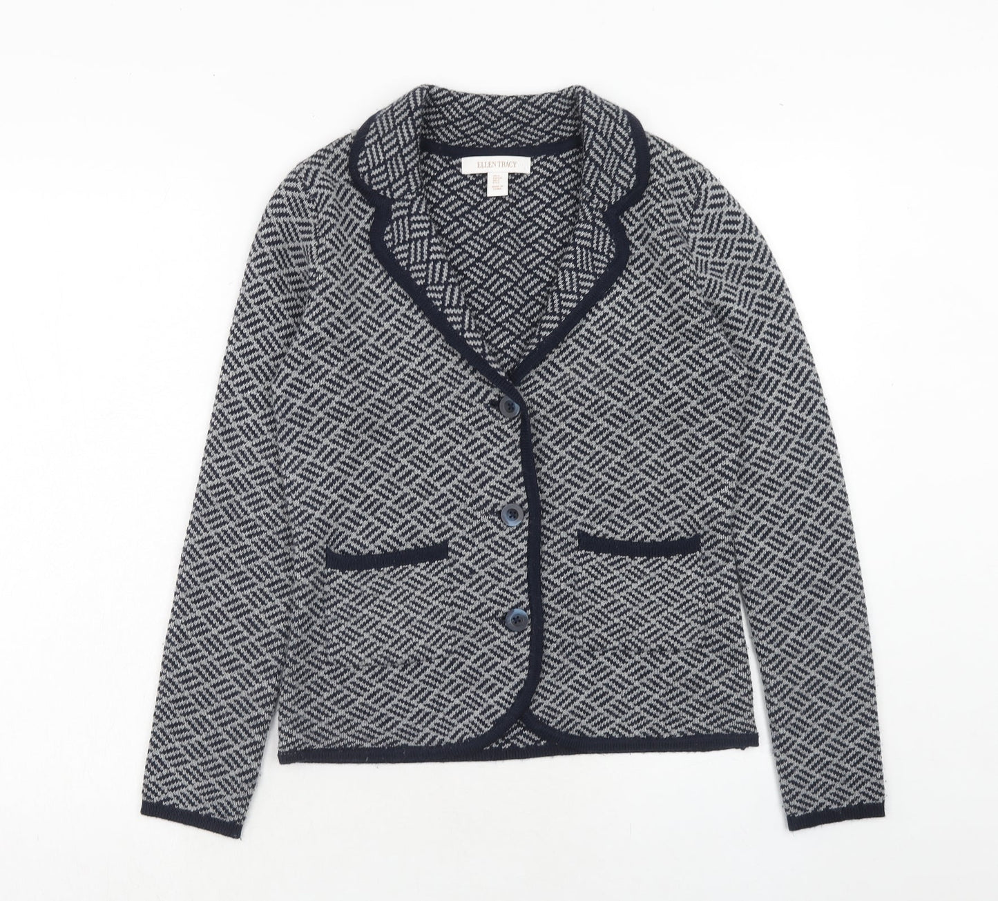 Ellen Tracy Womens Blue Collared Geometric Acrylic Cardigan Jumper Size S