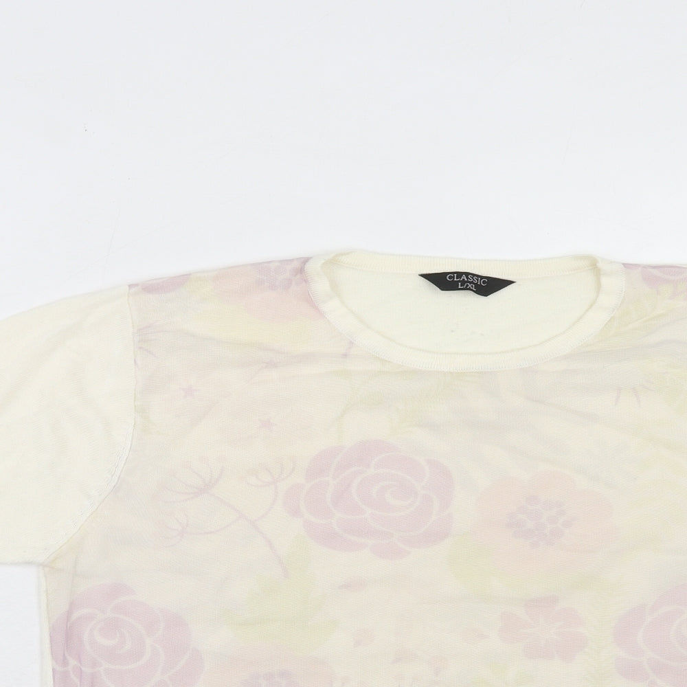 Classic Womens Ivory Round Neck Floral Acrylic Pullover Jumper Size L - Size L-XL