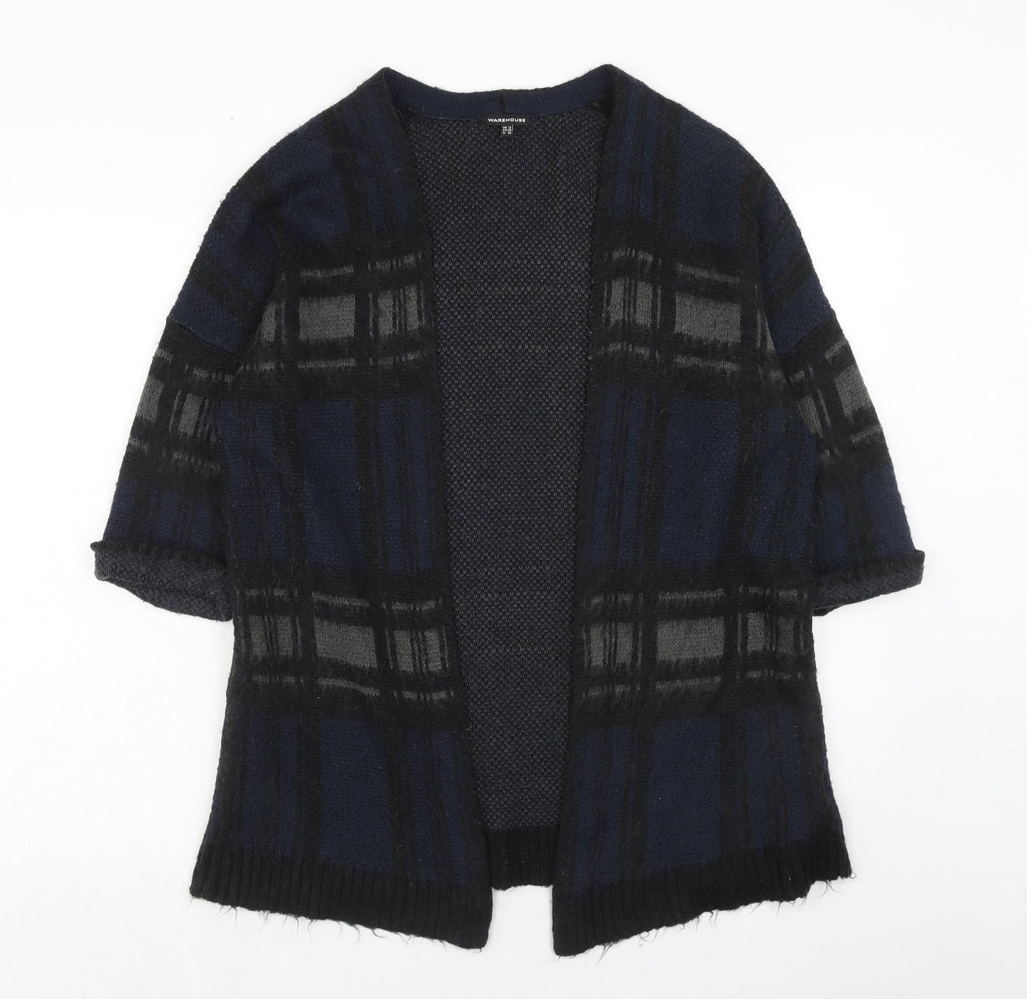 Warehouse Womens Blue V-Neck Plaid Acrylic Cardigan Jumper Size 12