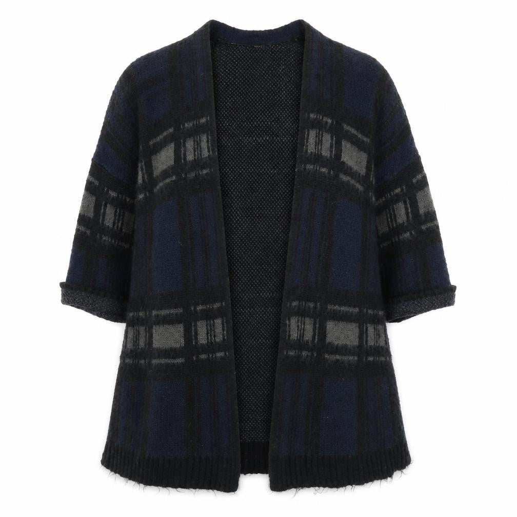 Warehouse Womens Blue V-Neck Plaid Acrylic Cardigan Jumper Size 12