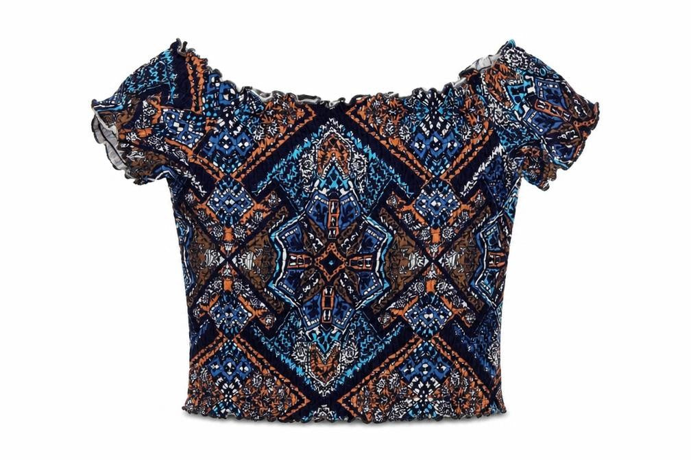 Monki Womens Blue Geometric Cotton Cropped Blouse Size S Off the Shoulder - Shirred