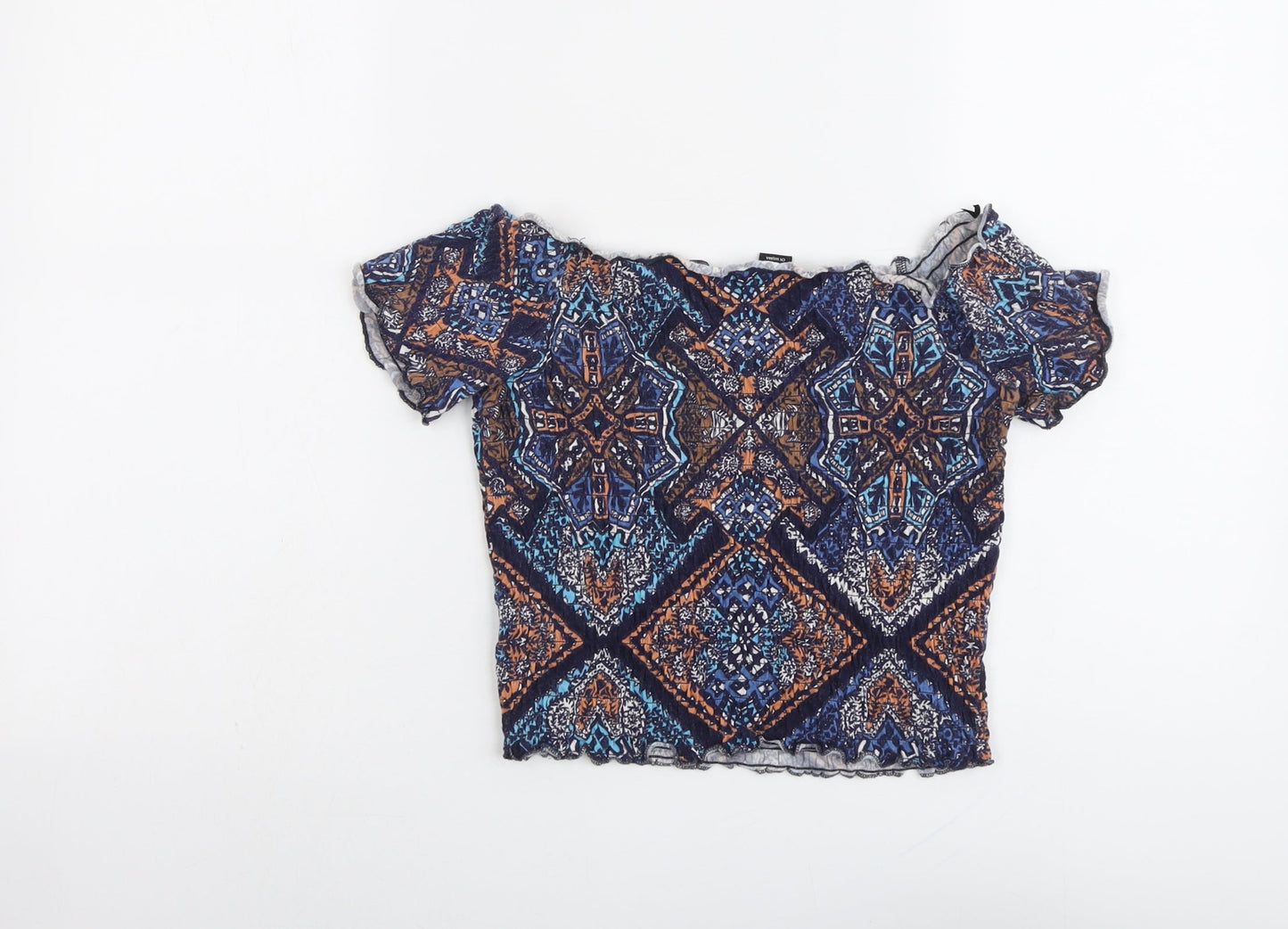 Monki Womens Blue Geometric Cotton Cropped Blouse Size S Off the Shoulder - Shirred
