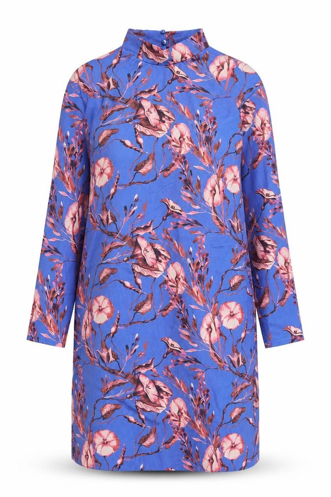 Zara Womens Blue Floral Polyester A-Line Size S Mock Neck Button