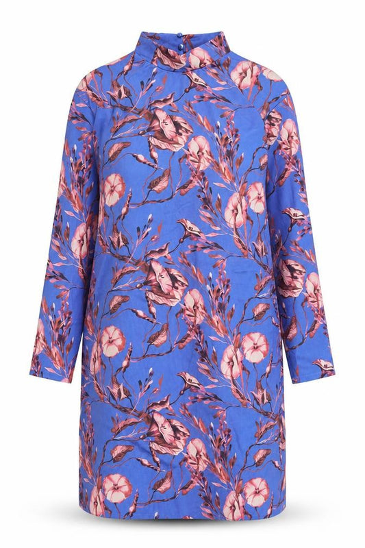 Zara Womens Blue Floral Polyester A-Line Size S Mock Neck Button