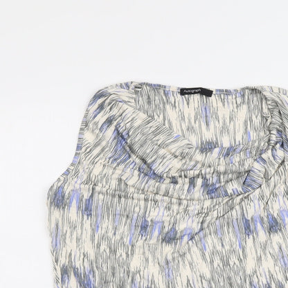 Close-up detail of Autograph women’s beige geometric viscose basic tank, size UK 14, cowl neck