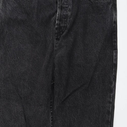 Close-up detail of BDG women’s grey cotton mom jeans, size UK 32, in, 32-inch leg regular button