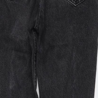 Brand and care label for BDG women’s grey cotton mom jeans, size UK 32, in, 32-inch leg regular button