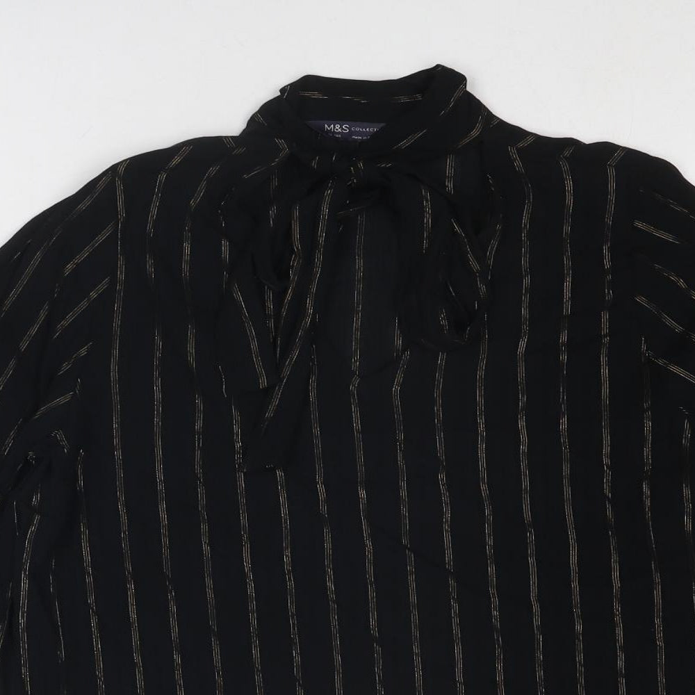 Marks and Spencer Womens Black Striped Viscose Basic Blouse Size 10 V-Neck