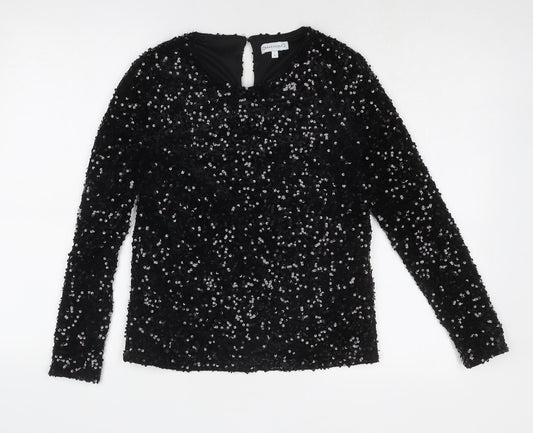 Warehouse Womens Black Polyester Basic Blouse Size 8 Boat Neck