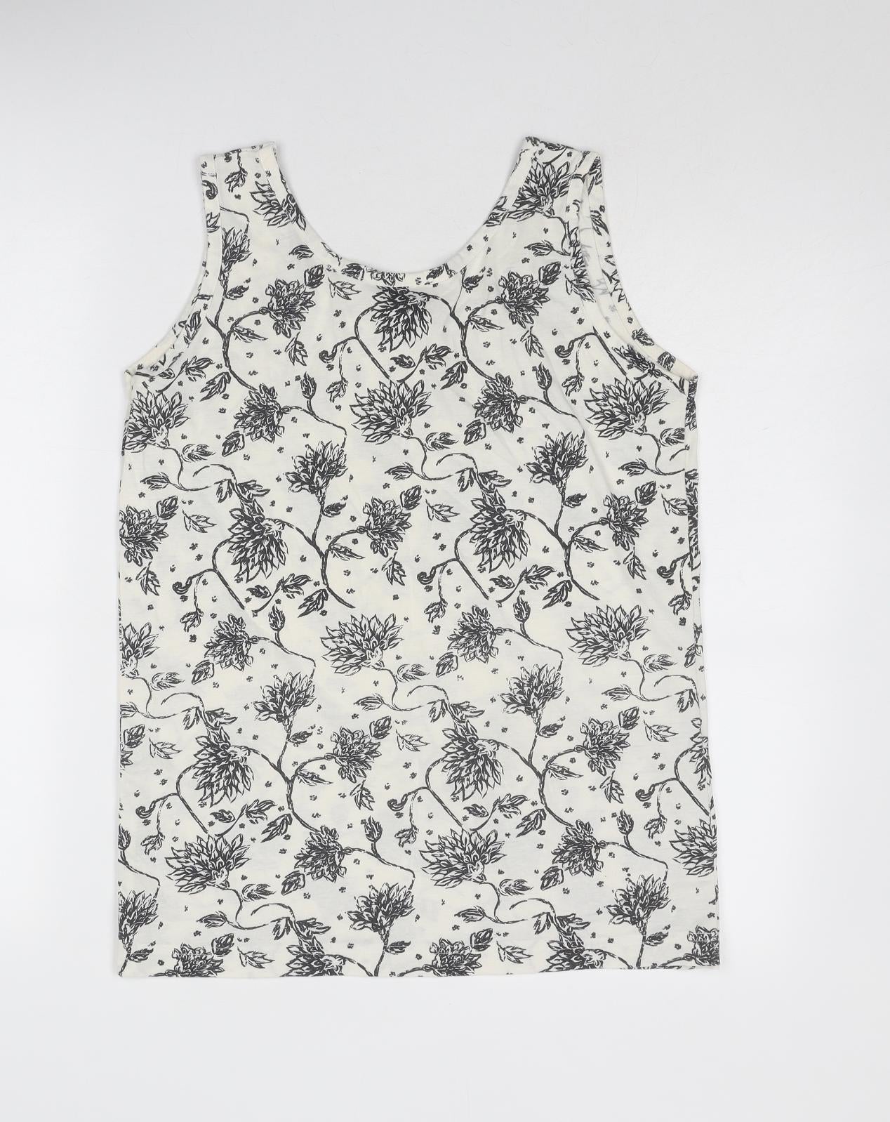 Nuggets Womens White Floral Polyester Basic Tank Size L Scoop Neck