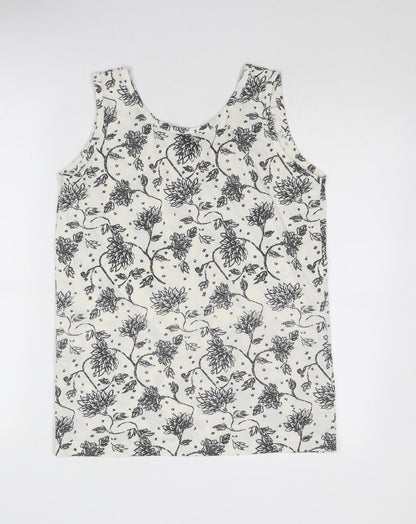 Nuggets Womens White Floral Polyester Basic Tank Size L Scoop Neck