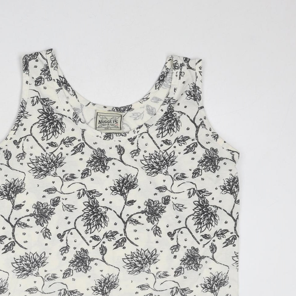 Nuggets Womens White Floral Polyester Basic Tank Size L Scoop Neck