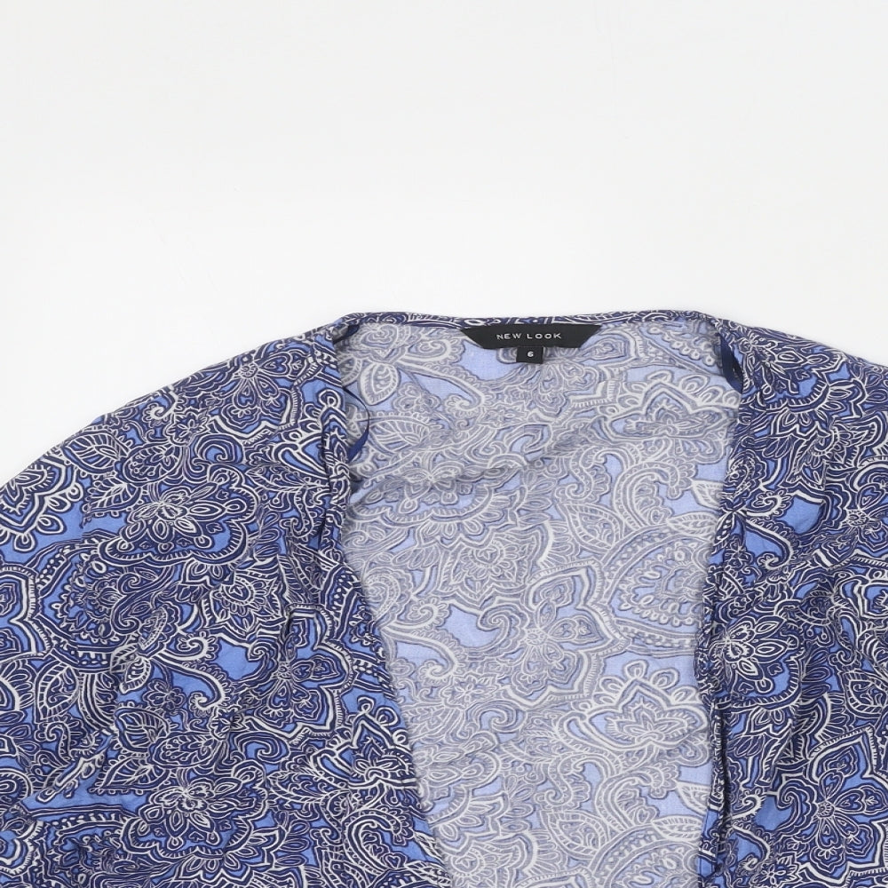 New Look Womens Blue Floral Viscose Kimono Blouse Size 6 V-Neck
