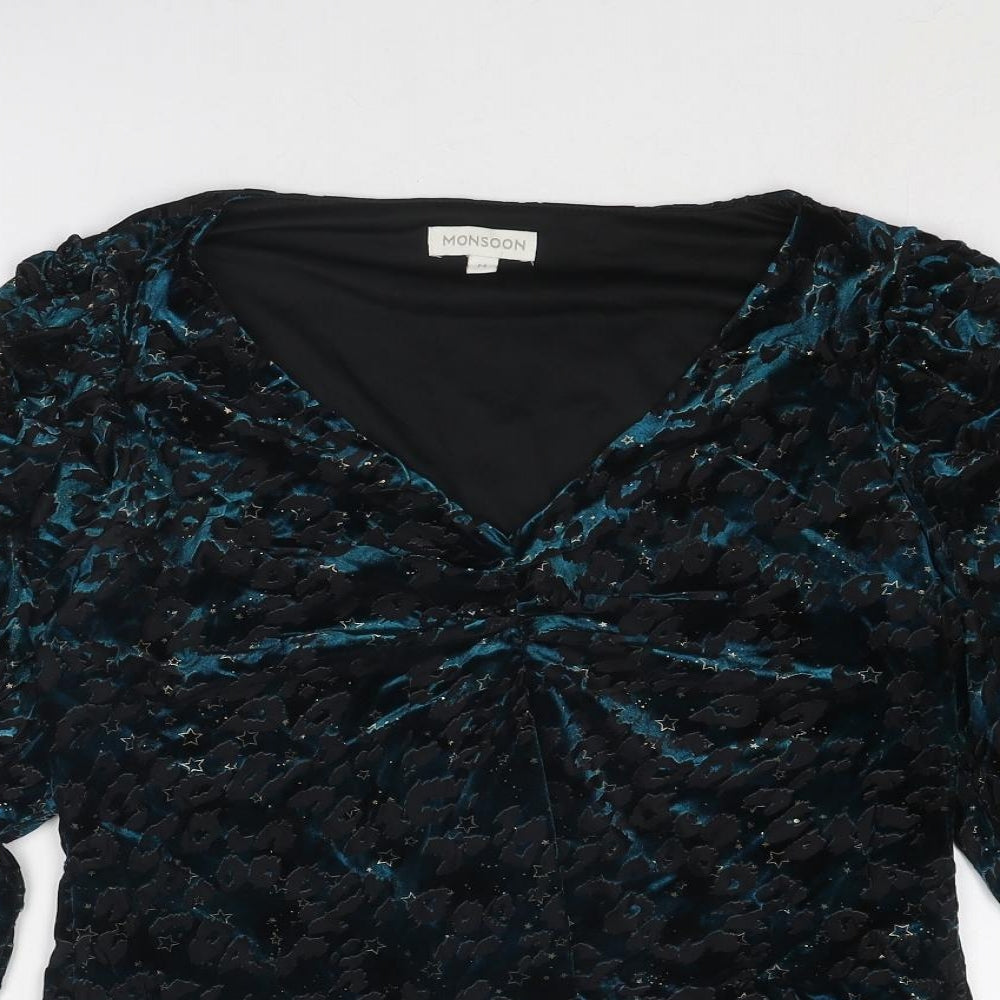 Monsoon Womens Blue Animal Print Polyester Basic Blouse Size M V-Neck - Leopard Pattern