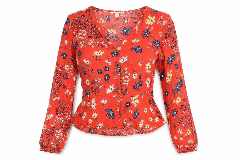 H&M Womens Red Floral Viscose Basic Button-Up Size 6 V-Neck