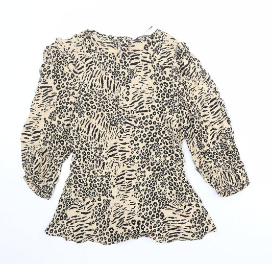 Marks and Spencer Womens Beige Animal Print Viscose Basic Blouse Size 6 Boat Neck