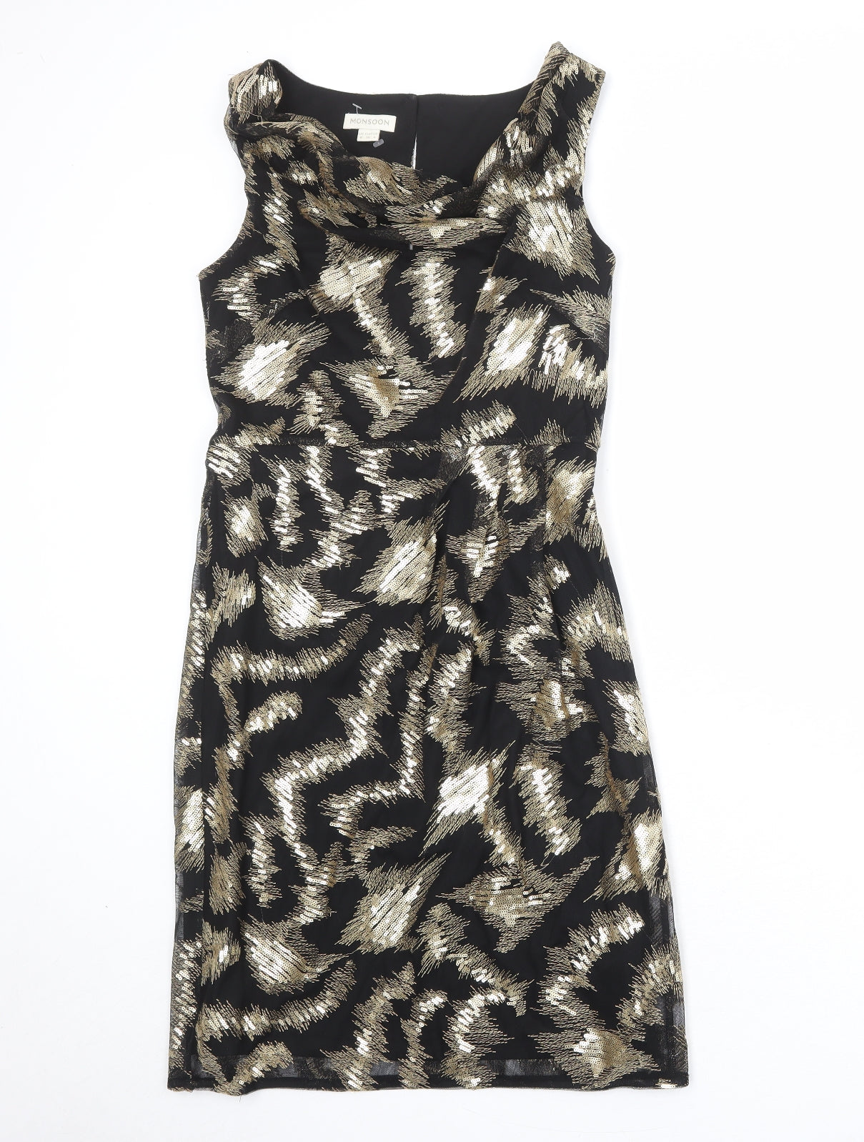 Monsoon Womens Black Geometric Polyester Shift Size 8 Cowl Neck Zip