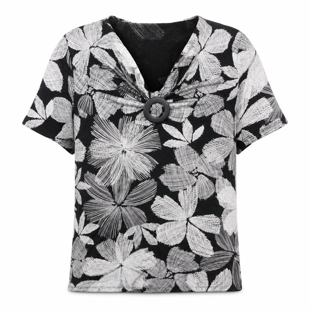 Country Casuals Womens Black Floral Viscose Basic T-Shirt Size M V-Neck