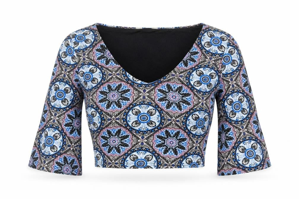 Miss Selfridge Womens Multicoloured Geometric Viscose Cropped T-Shirt Size 8 V-Neck