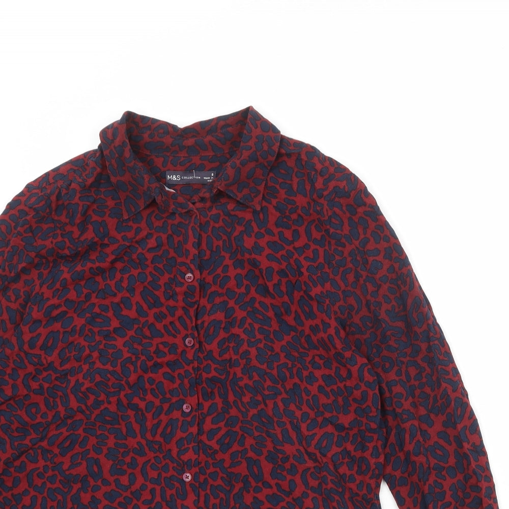 Marks and Spencer Womens Red Animal Print Viscose Basic Button-Up Size 8 Collared - Leopard Pattern