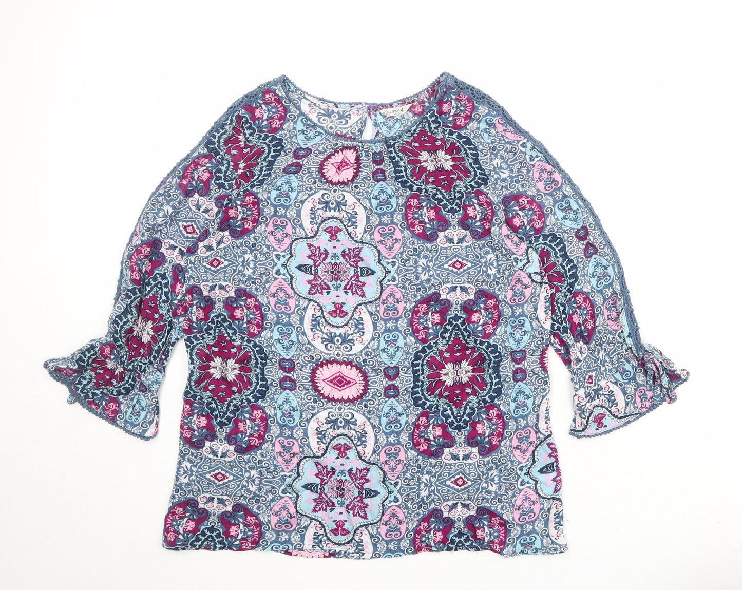 M&Co Womens Multicoloured Geometric Viscose Basic Blouse Size 10 Round Neck