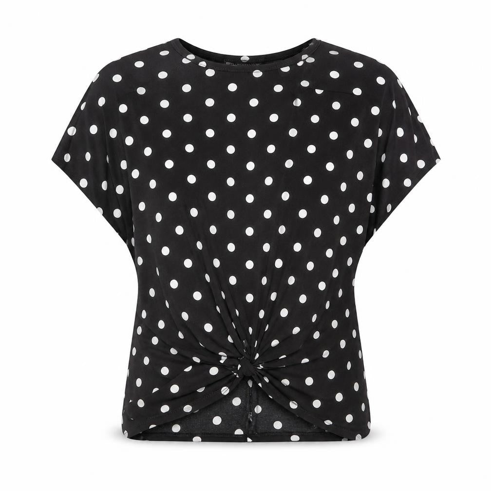 Just Elegance Womens Black Polka Dot Polyester Basic T-Shirt Size S Round Neck - Knot Front