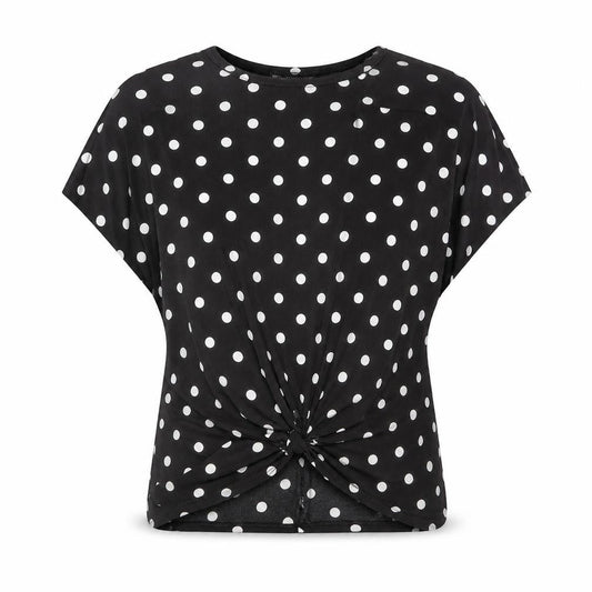 Just Elegance Womens Black Polka Dot Polyester Basic T-Shirt Size S Round Neck - Knot Front