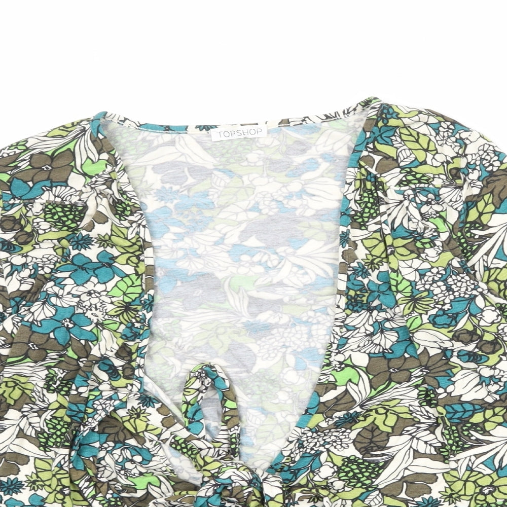 Topshop Womens Multicoloured Floral Viscose Basic Blouse Size 10 V-Neck - Tie Front