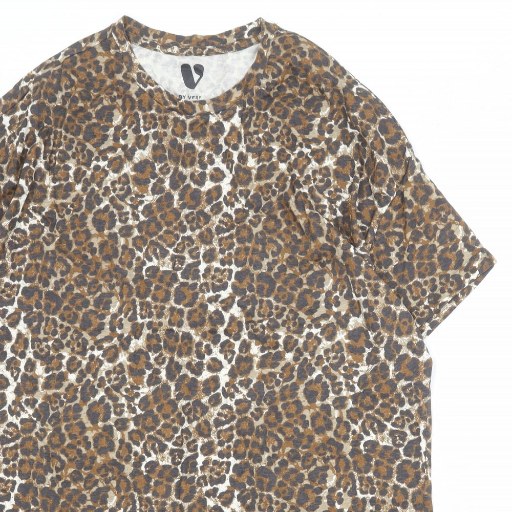 Very Womens Brown Animal Print 100% Cotton Basic T-Shirt Size 12 Crew Neck - Leopard Print