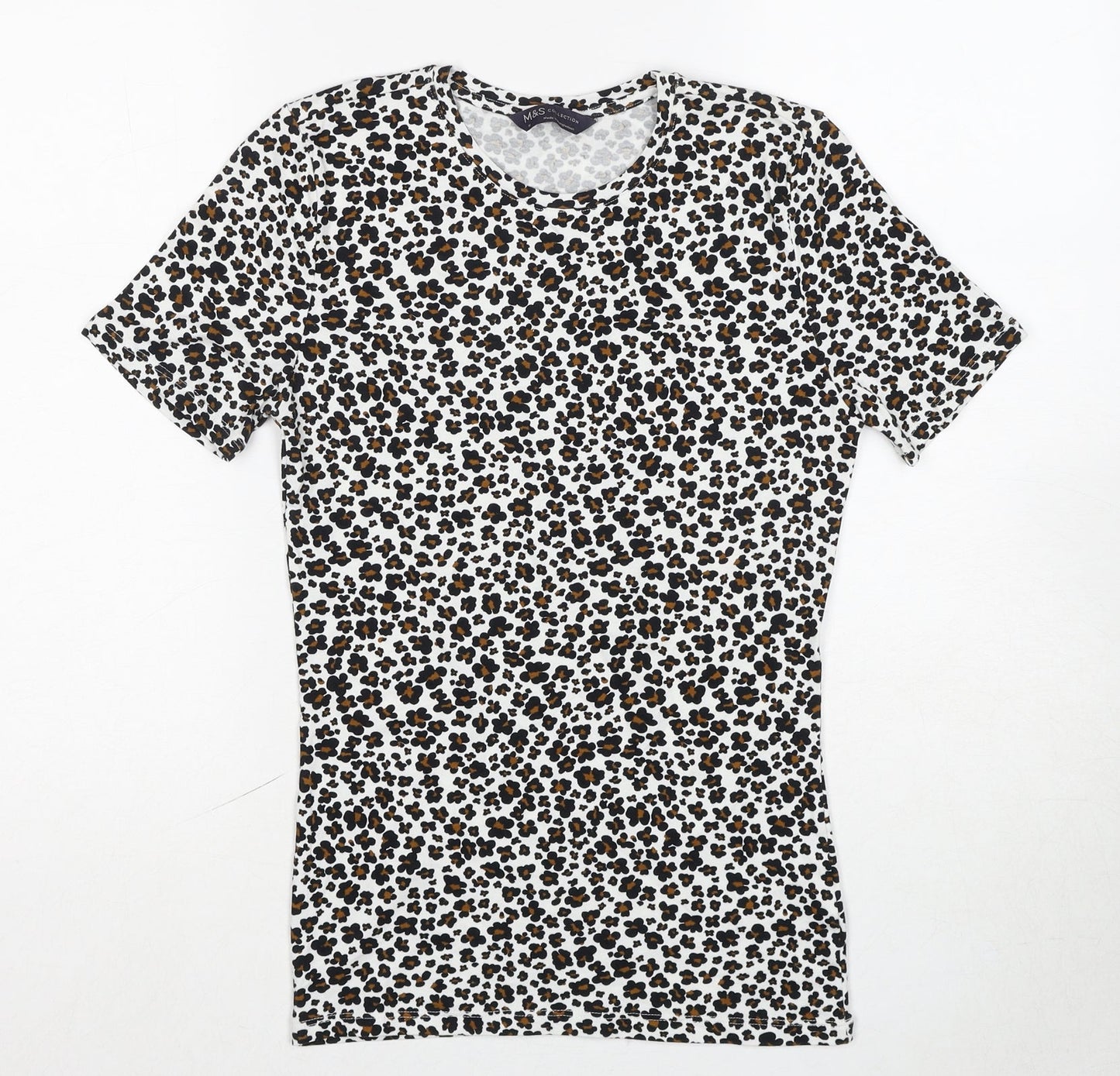 Marks and Spencer Womens Multicoloured Animal Print Cotton Basic T-Shirt Size 6 Crew Neck - Leopard Print
