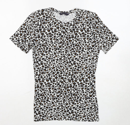 Marks and Spencer Womens Multicoloured Animal Print Cotton Basic T-Shirt Size 6 Crew Neck - Leopard Print