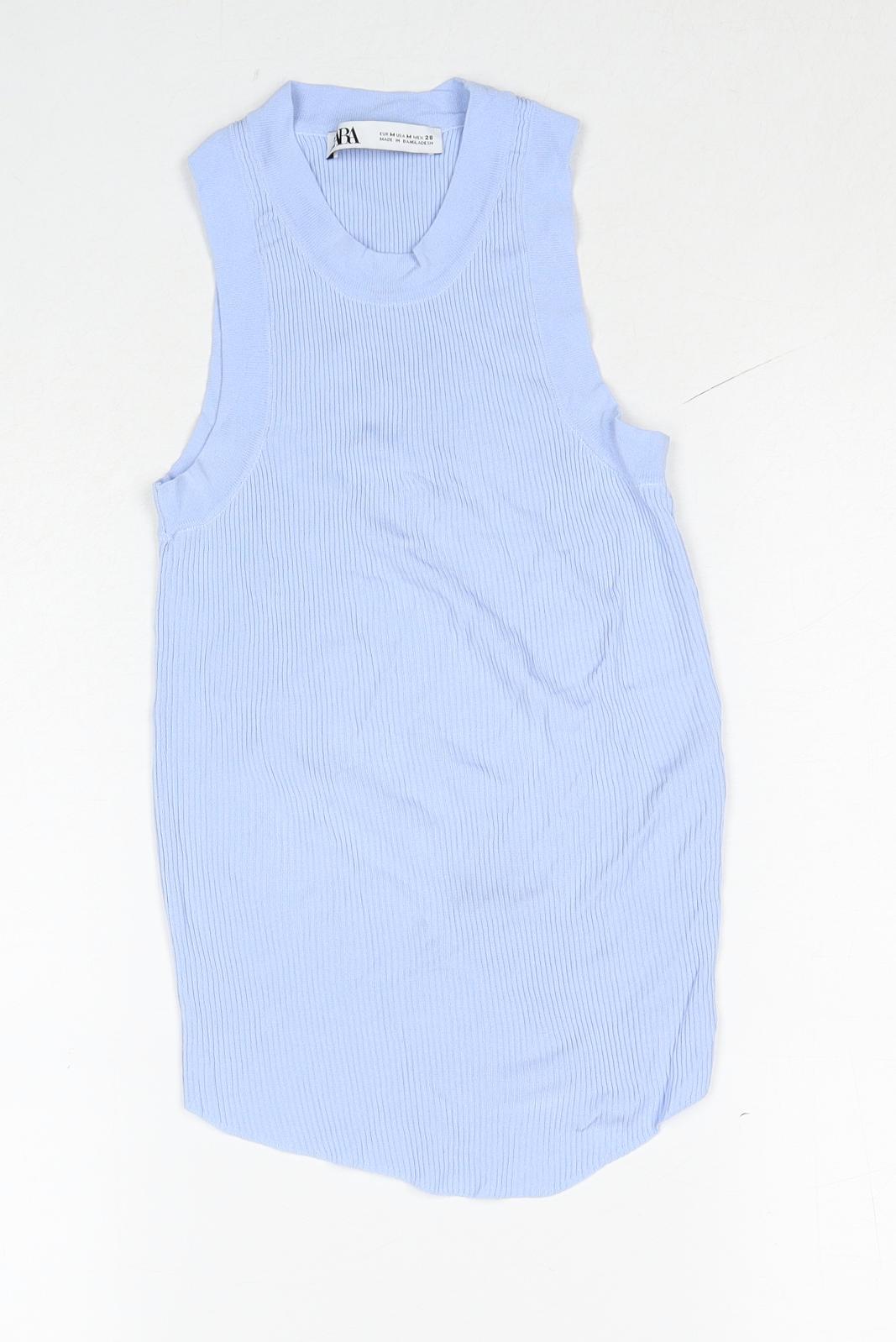 Zara Womens Blue Viscose Basic Tank Size M Round Neck - Ribbed