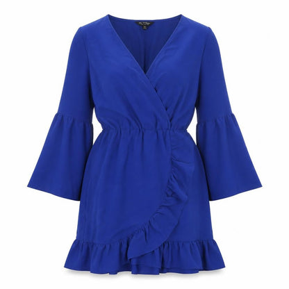 Front view of Miss Selfridge women’s blue polyester a-line, size UK 8, v-neck pullover