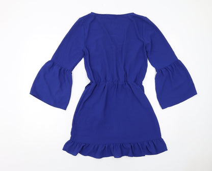 Back view of Miss Selfridge women’s blue polyester a-line, size UK 8, v-neck pullover