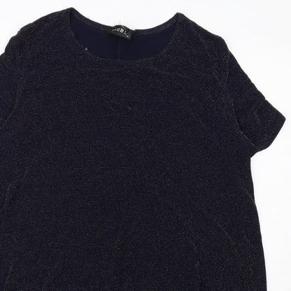 Close-up detail of Club L women’s blue polyester basic t-shirt, size UK 16, boat neck